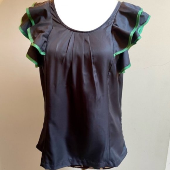 Gap Women's Navy and Green Flutter-Sleeve Top Blouse - Picture 1 of 7